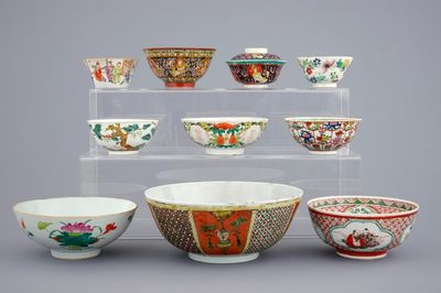 Un lot de 10 bols en porcelaine de Chine famille rose et Bencharong, 19/20ème