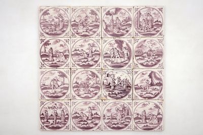 Un lot de 16 carreaux religieux en faïence de Delft manganèse, 18/19ème