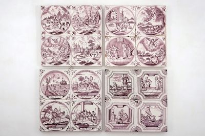 Un lot de 16 carreaux religieux en faïence de Delft manganèse, 18/19ème