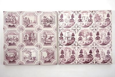 Un lot de 18 carreaux religieux en faïence de Delft manganèse, 18/19ème