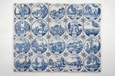 Un lot de 20 carreaux religieux en faïence de Delft bleu et blanc, Utrecht, 18ème