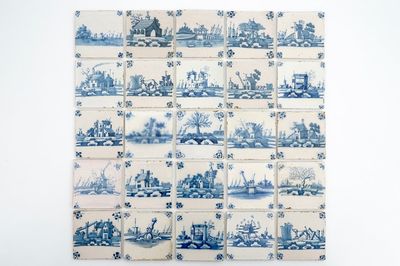 Un lot de 25 carreaux de Delft aux décors de paysages, 18ème