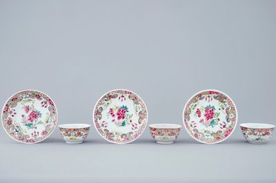 Un lot de 3 tasses et soucoupes en porcelaine de Chine famille rose, Qianlong, 18ème