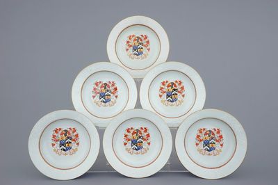 Un lot de 6 assiettes armoiriées en porcelaine de Chine pour l'export, Qianlong, 18ème