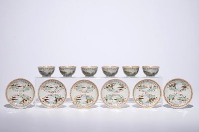 Un lot de six tasses et soucoupes en porcelaine de Chine famille rose de style Meissen, Qianlong