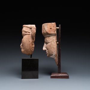 Un masque de sarcophage en bois sculpté et une tête en calcaire sculpté, Egypte, Basse époque et période saïte — photo 5