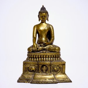 Un modèle d'un Bouddha assis sur un trone en bronze doré, Nepal ou Tibet, 19/20ème — photo 1