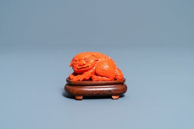Un modèle d'un lion bouddhiste en corail rouge sculpté, Chine, 19/20ème