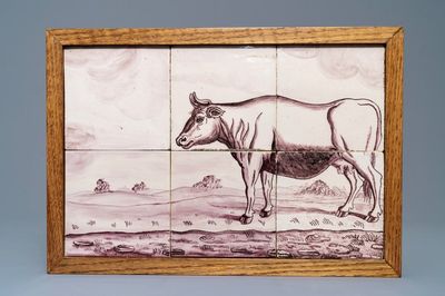 Un panneau de carreaux en faïence de Delft en manganèse à décor d'une vache, 18ème