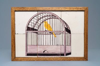 Un panneau de carreaux en faïence de Delft polychrome à décor d'un cage à oiseaux, 18ème