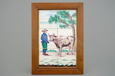 Un panneau de carreaux polychrome au berger et sa vache, 19ème