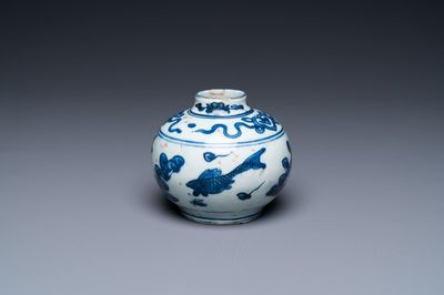 Un petit vase en porcelaine de Chine en bleu et blanc à décor de carpes, Wanli