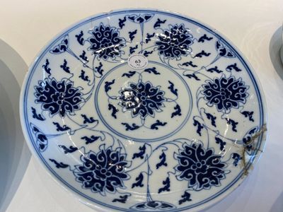 Un plat en porcelaine de Chine famille rose aux '100 chauve-souris' et une assiette à décor de lotus en bleu et blanc, marque et époque de Guangxu — photo 2