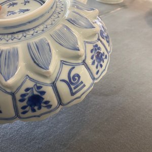 Un plat moulé en forme de lotus en porcelaine de Chine en bleu et blanc, marque et époque de Kangxi — photo 21