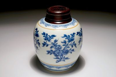 Un pot à gingembre en porcelaine de Chine bleu et blanc à couvercle en bois, Kangxi