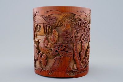 Un pot à pinceaux en bambou à décor d'un paysage, Chine, 18/19ème