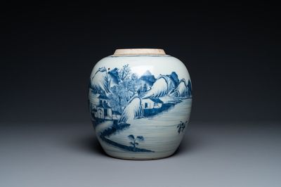 Un pot en porcelaine de Chine en bleu et blanc à décor d'un paysage, Kangxi