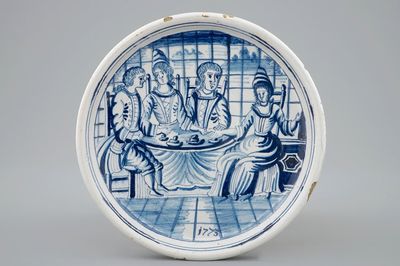 Un saleron daté au décor d'une scène de thé en faïence de Harlingen, la Frise, 1775