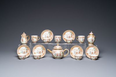 Un service à thé de 18 pièces en porcelaine de Chine famille rose à décor d'une chasse aux lapins, Qianlong