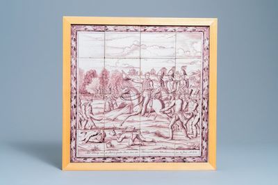 Un tableau de carreaux en faïence de Delft en manganèse figurant le Prince d'Orange se battant à Quatre Bras, Amsterdam, ca. 1820
