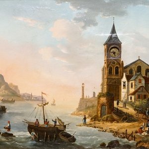 Un tableau-horloge d'un vue de port, signé Bossuet, huile sur toile, mouvement intérieur par Bordier, Genève, 19ème — photo 1