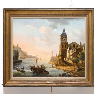 Un tableau-horloge d'un vue de port, signé Bossuet, huile sur toile, mouvement intérieur par Bordier, Genève, 19ème — photo 2