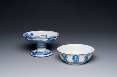 Un tazza et un bol en porcelaine de Chine 'Bleu de Hue' pour le Vietnam, marque Shun Li Kun Ji 順利坤記 and Jin Yu Feng Ji 金玉鋒記, 19ème