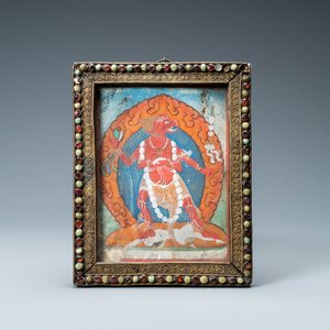 Un thangka dans son cadre en cuivre doré incrusté, Tibet, 19ème — photo 1