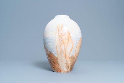 Un vase art deco à décor de femmes baignantes, Félix-Pascal Févola pour Lachenal, France, vers 1930