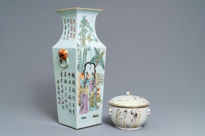 Un vase de forme carré et une terrine couverte en porcelaine de Chine qianjiang cai, 19/20ème