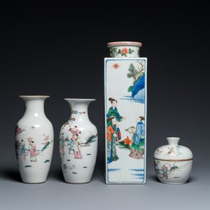 Un vase de forme carrée en porcelaine de Chine famille verte, deux vases et un bol couvert en famille rose, 19ème — photo 3