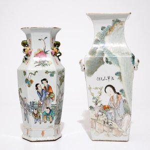 Un vase de forme carrée en porcelaine de Chine qianjiang et un vase hexagonal en famille rose, 19/20ème — photo 1