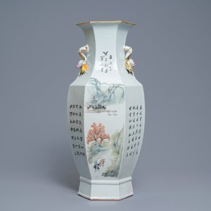 Un vase de forme hexagonale en porcelaine de Chine qianjiang cai, 19/20ème — photo 3