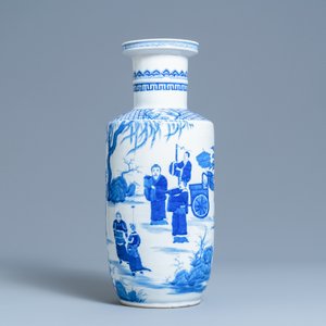 Un vase de forme rouleau en porcelaine de Chine en bleu et blanc, marque de Kangxi, 19/20ème — photo 4