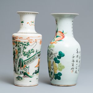 Un vase de forme rouleau en porcelaine de Chine famille verte et un en famille rose, 19ème — photo 4