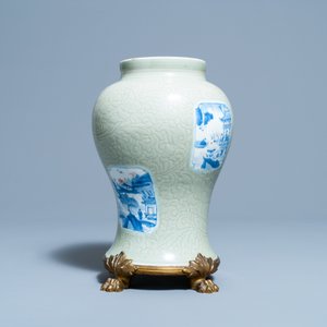 Un vase en porcelaine de Chine céladon monochrome à décor incisé et aux panneaux en bleu, blanc et rouge de cuivre, Kangxi — photo 5