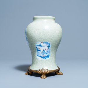 Un vase en porcelaine de Chine céladon monochrome à décor incisé et aux panneaux en bleu, blanc et rouge de cuivre, Kangxi — photo 9