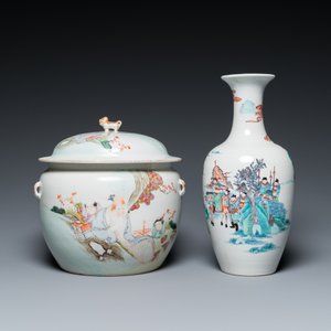Un vase en porcelaine de Chine doucai et un bol couvert en famille rose, 19/20ème — photo 2