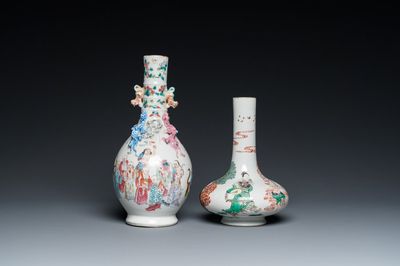 Un vase en porcelaine de Chine famille rose à décor des '18 Luohan' et un vase famille verte, marque de Kangxi, 19ème