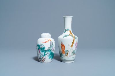 Un vase et un pot couvert en porcelaine de Chine famille rose, 19/20ème
