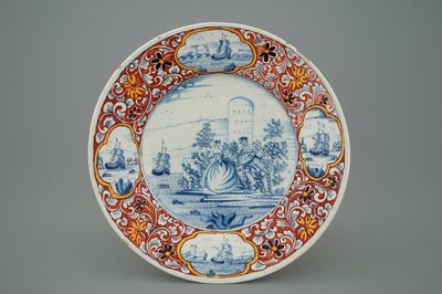 Une assiette en faïence de Delft avec une scène pastorale, 18ème