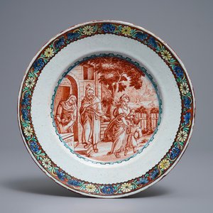 Une assiette en faïence polychrome de Delft petit feu à décor religieux, 18ème — photo 1