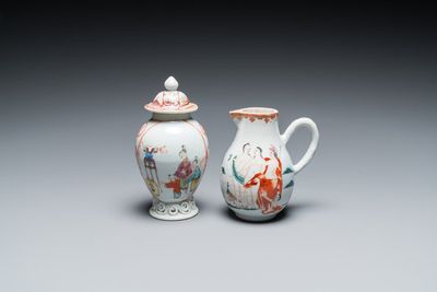 Une boîte à thé couverte en porcelaine de Chine famille rose à sujet mandarin et une verseuse a décor du 'Jugement de Paris', Qianlong