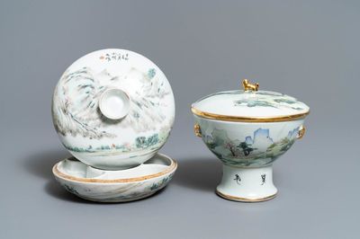 Une boîte couverte et un réchaud en porcelaine de Chine qianjiang cai, 19/20ème