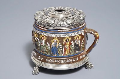 Une chope en grès de Creussen daté 1656 à monture en argent russe, marque de Fabergé