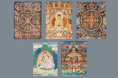Une collection de cinq thangkas, Tibet, 19/20ème