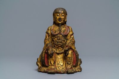 Une figure de Zhenwu en bronze doré et laqué, Chine, Ming