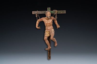 Une figure du Saint Dismas ou 'Le Bon Larron' crucifié en bois sculpté polychromé, Espagne, 16ème