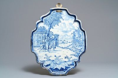 Une grande plaque en faïence de Delft bleu et blanc à sujet religieux, datée 1758
