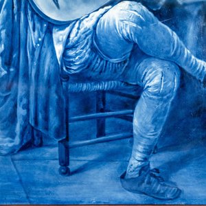 Une grande plaque en faïence de Delft en bleu et blanc, Porceleyne Fles: 'Auto-portrait comme luthiste', d'après Jan Steen, 20ème — photo 5